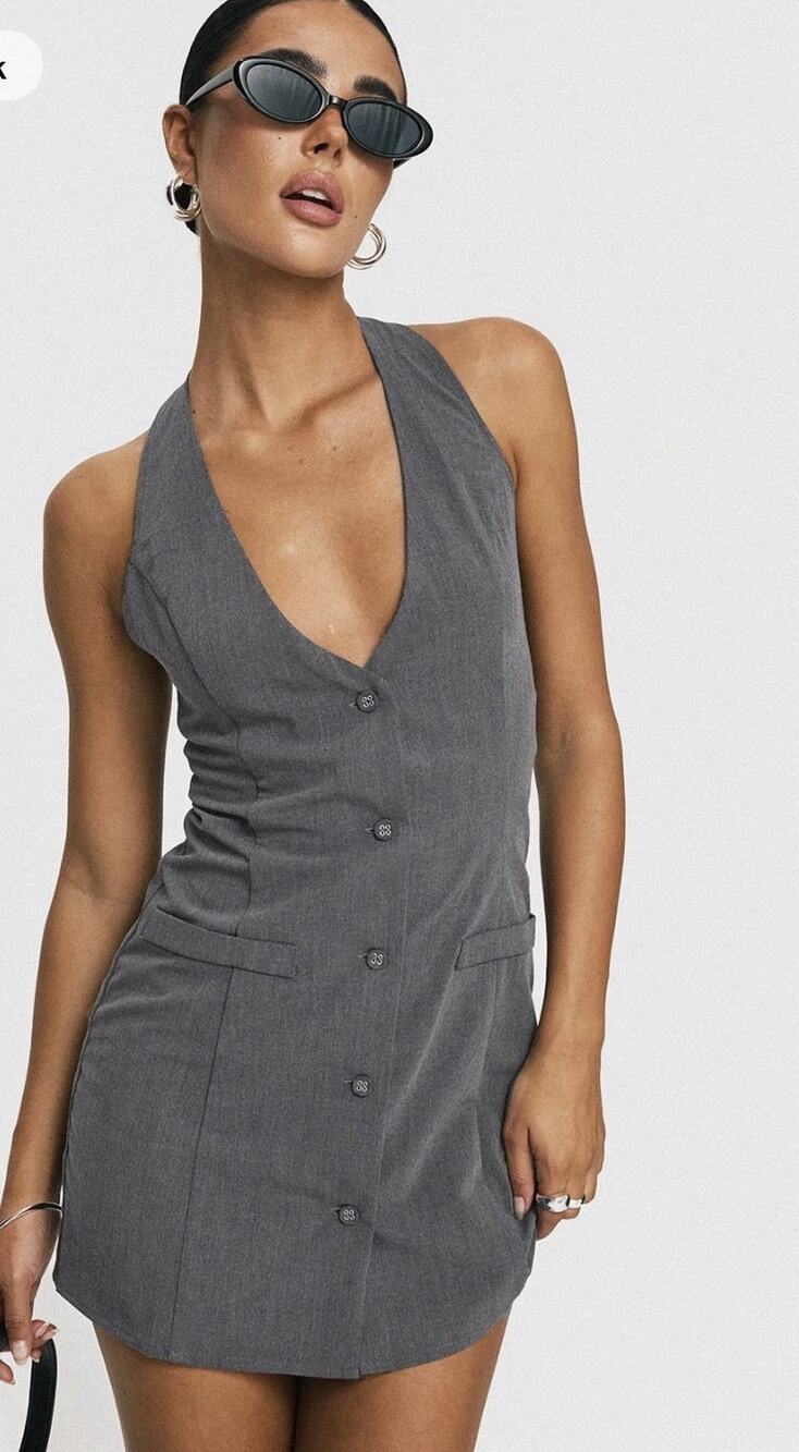 NWT Princess Polly Fenny Mini Halter Dress Button Up Gray Size 4 Chic Sleeveless